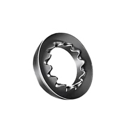 Silver serrated metal washer on a plain gray background.