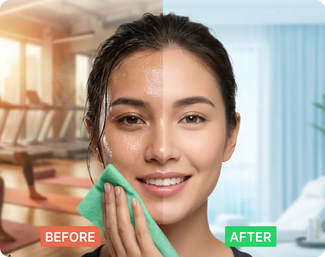 A split image showing a woman's face sweaty in a gym before and clean and refreshed after.