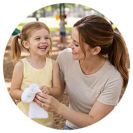 A mother smiles while cleaning her laughing young daughter's hands with a wipe at a playground.