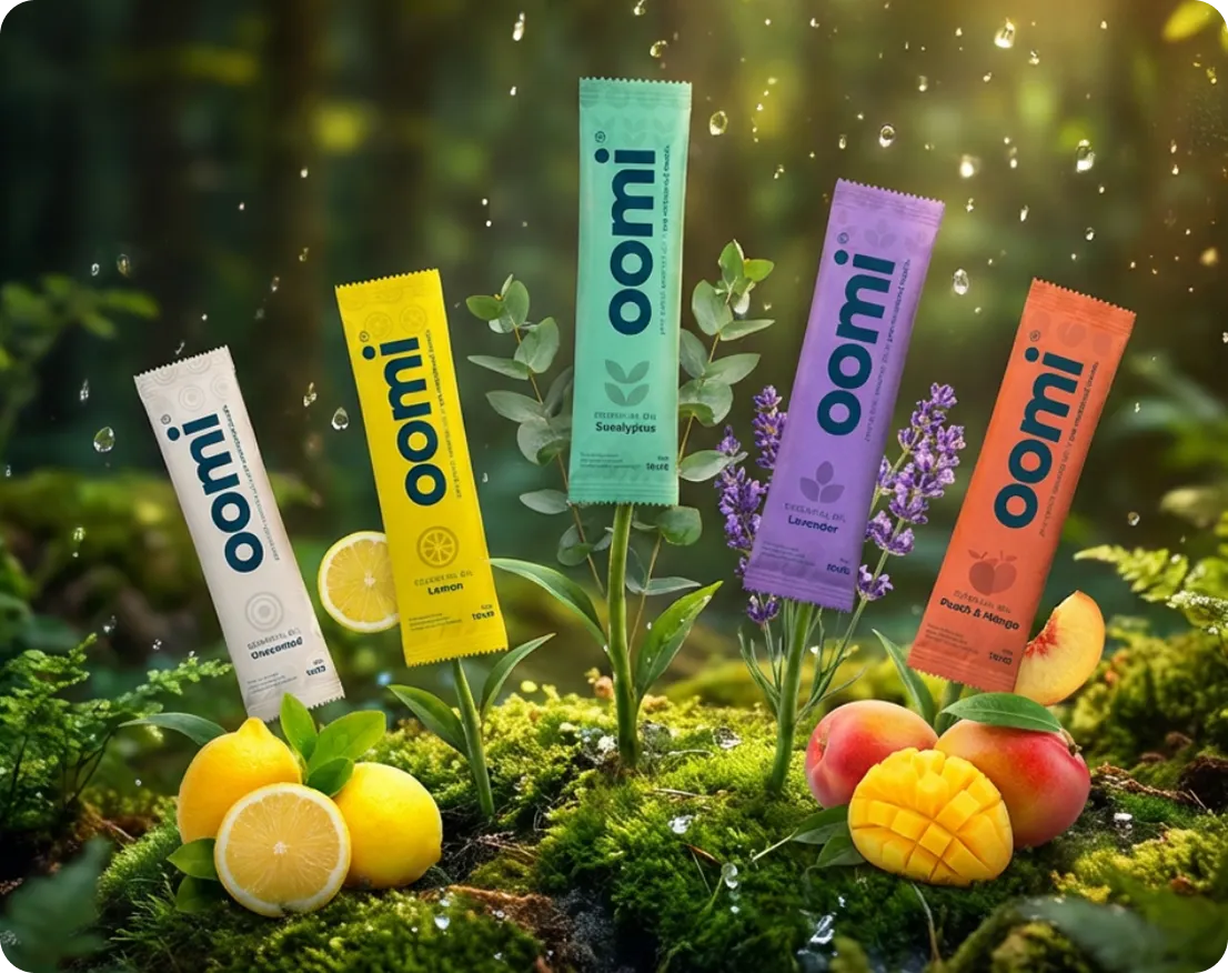 Five colorful 'oomi' packets in different flavors arranged on a mossy bed with fresh fruits and herbs.
