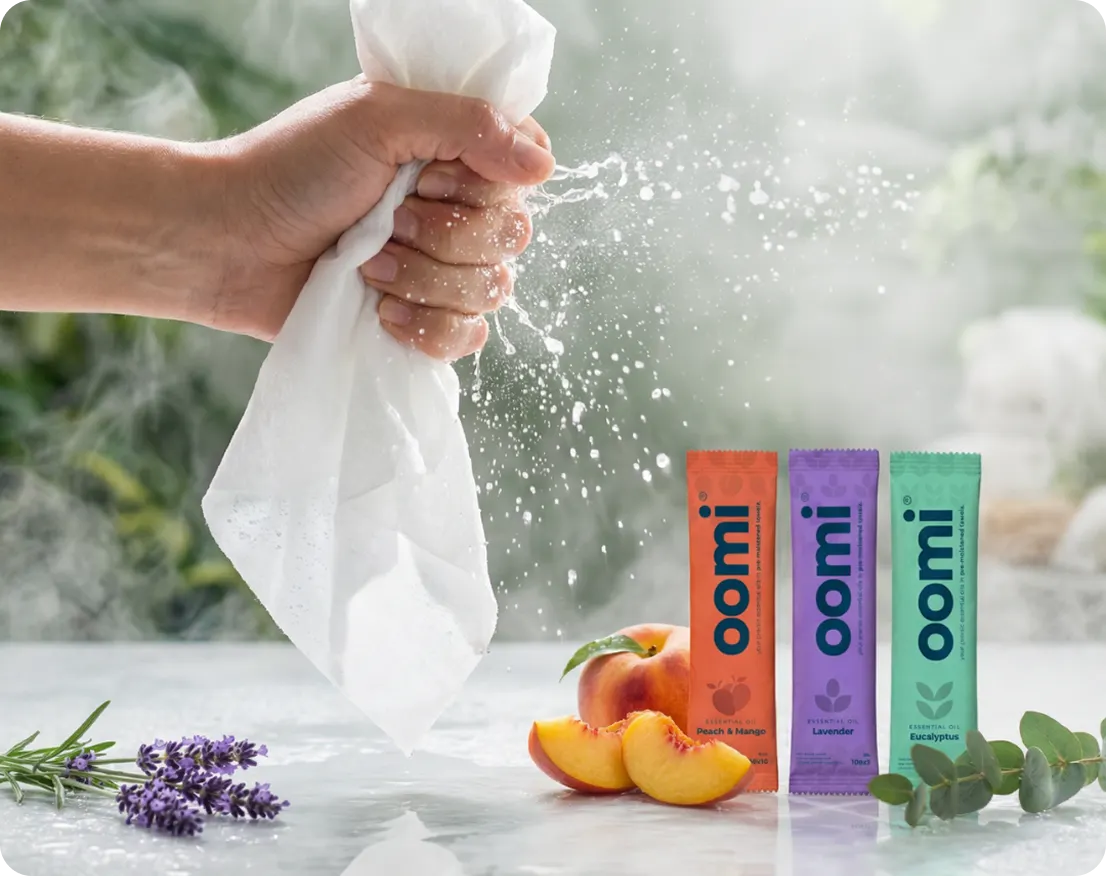 A hand squeezes a wet wipe over a display of oomi towelettes with peach, lavender, and eucalyptus.