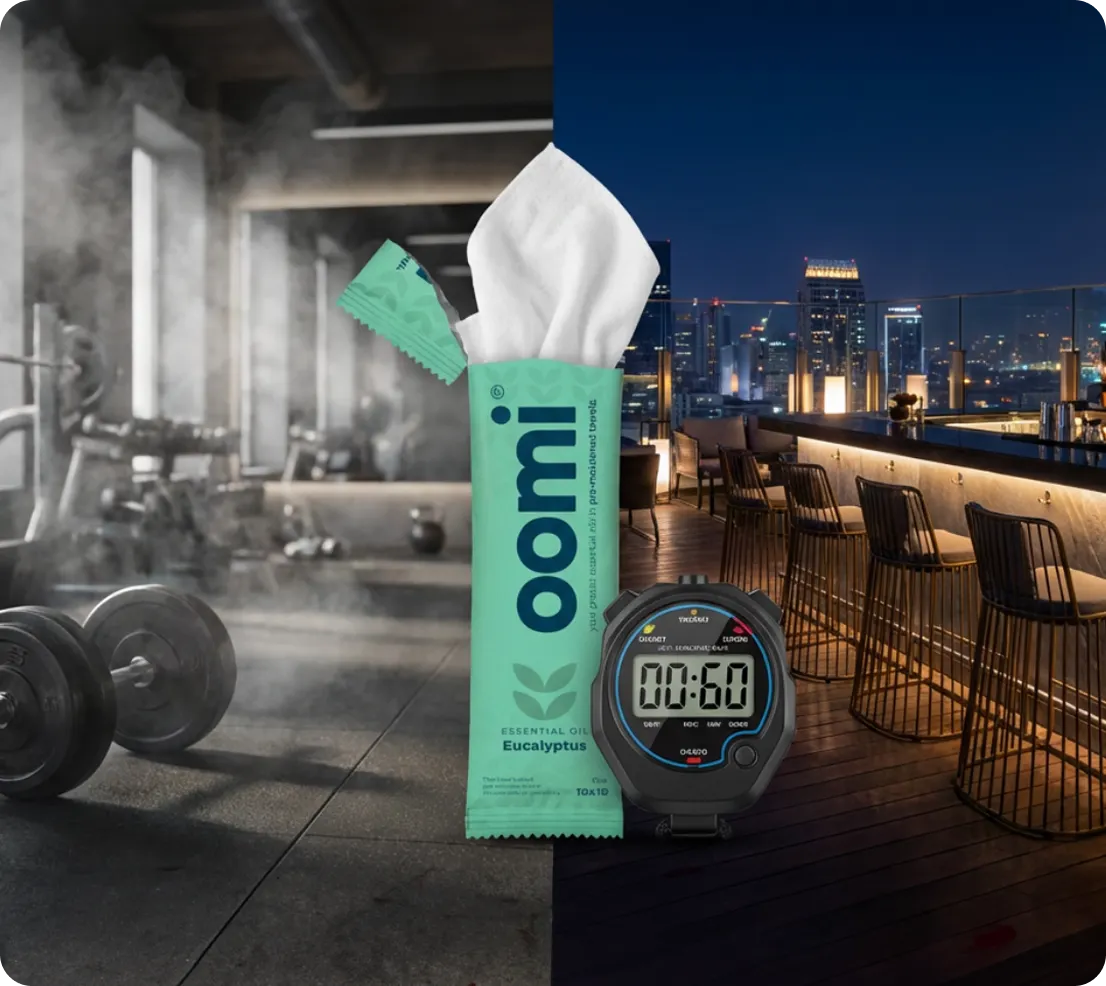 A split image of a gym and a rooftop bar with a packet of wipes and a stopwatch.