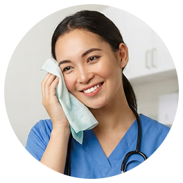 A smiling female nurse in blue scrubs with a stethoscope around her neck, wiping her face with a cloth.