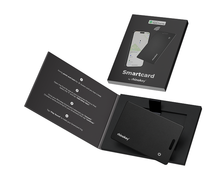 Black smartcard with packaging, includes smartphone image and instructions.