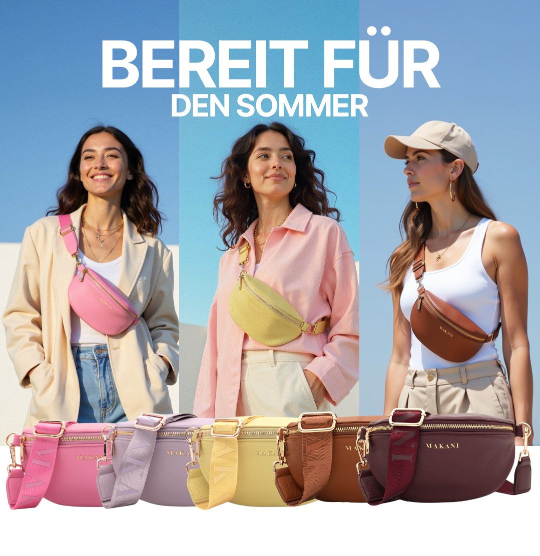 Three women wearing colorful crossbody bags with text 'Bereit für den Sommer' above them.