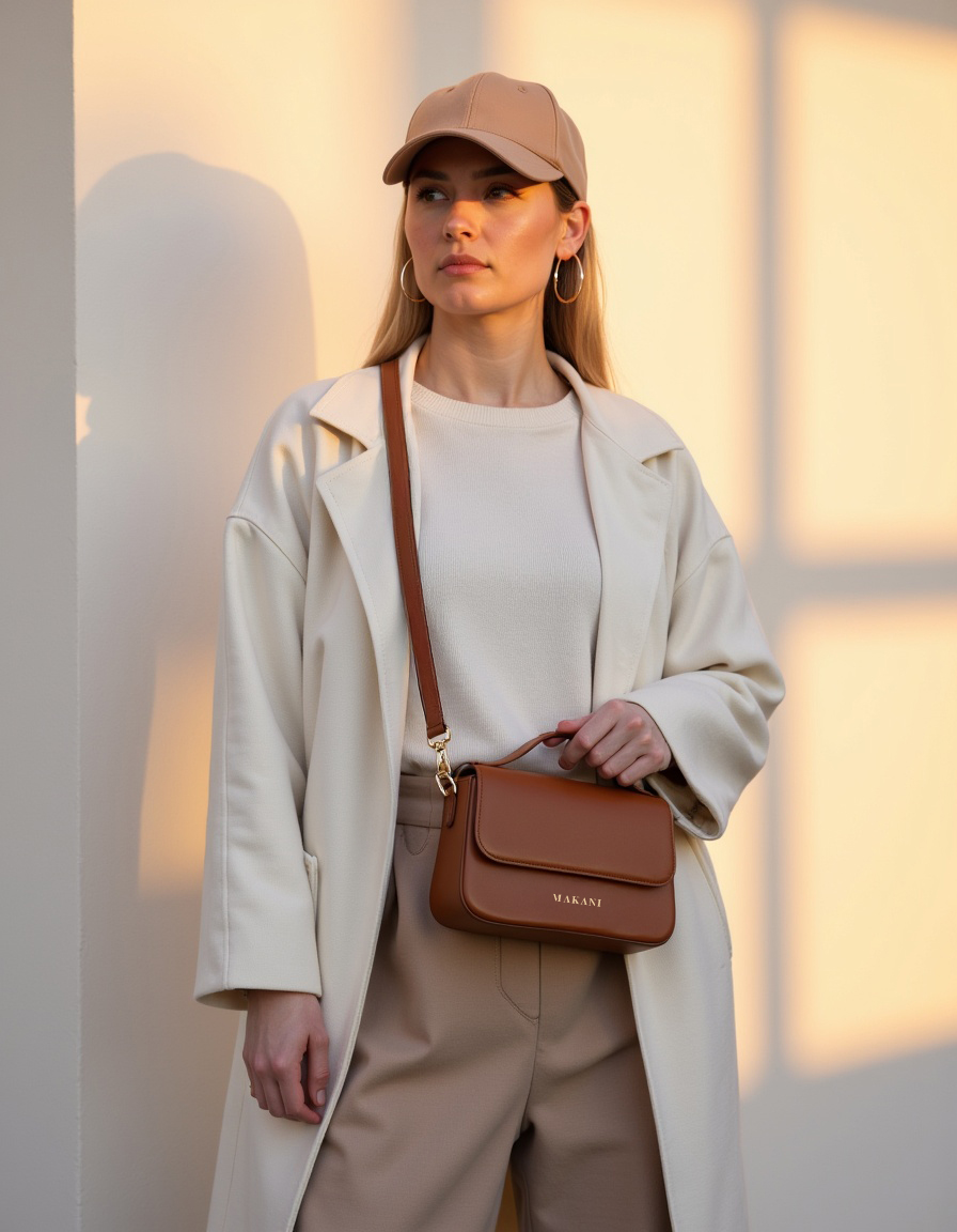 Brown leather handbag with 'MAKANI' logo on a beige background.