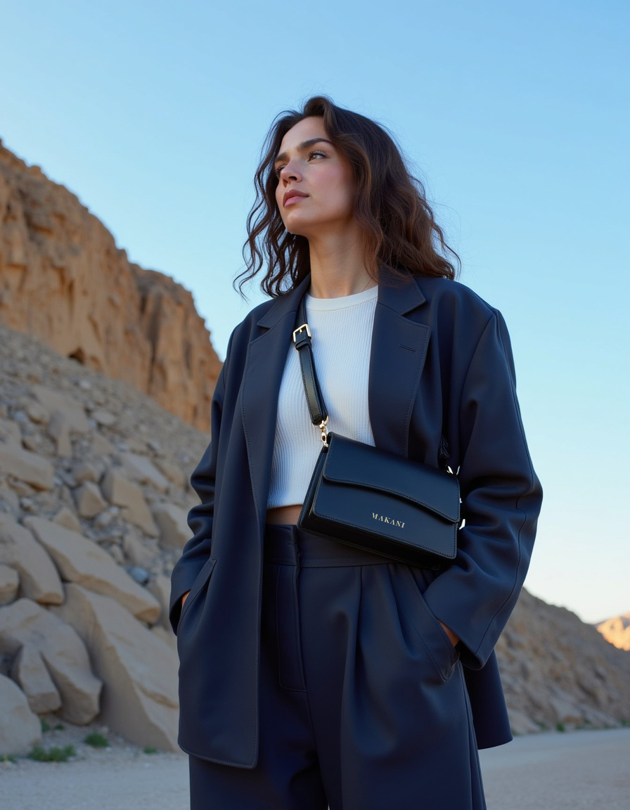 Person in a dark suit with a handbag, standing outdoors near rocky terrain.