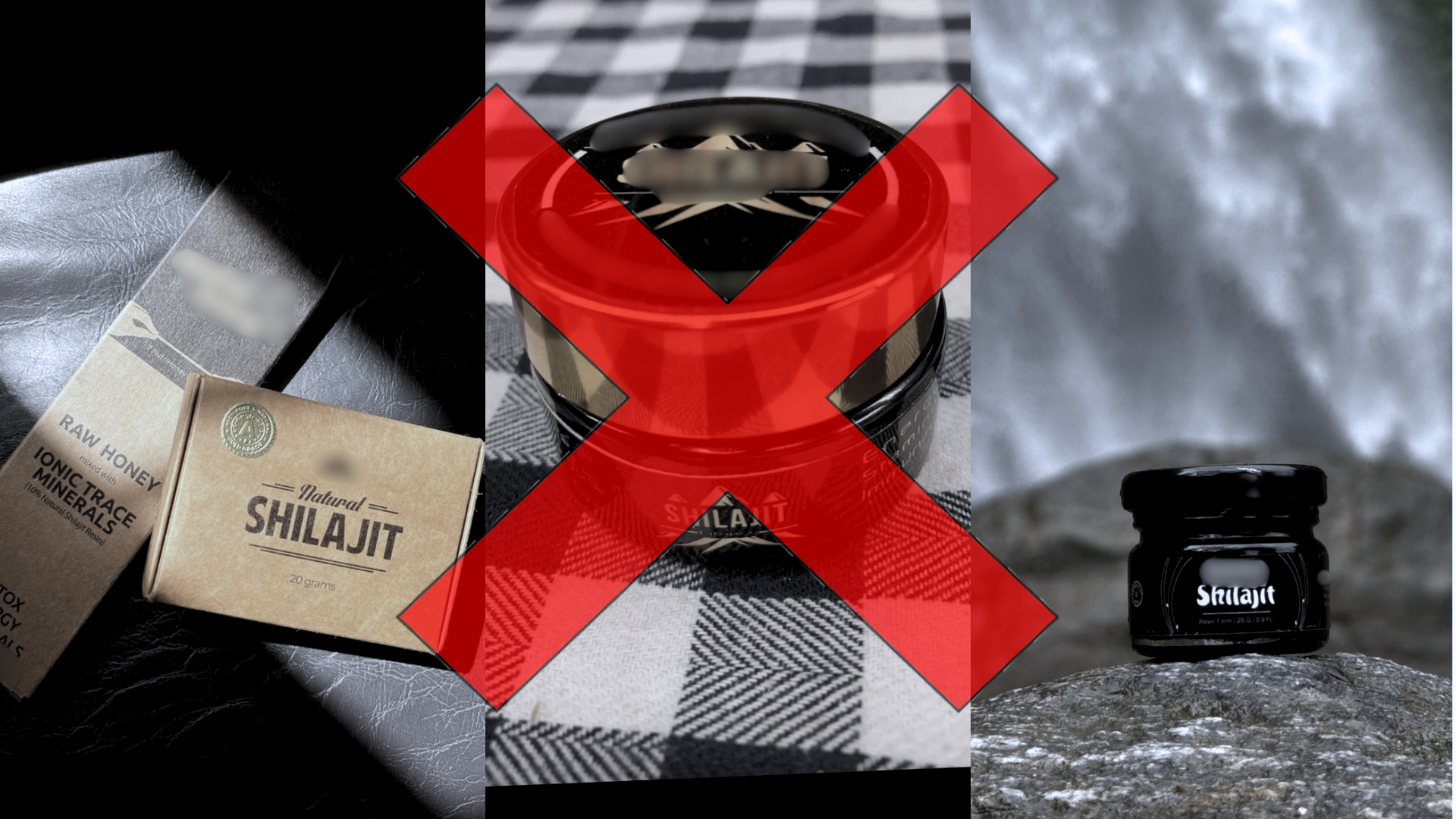 A collage comparing Shilajit products, with one jar crossed out by a large red X.
