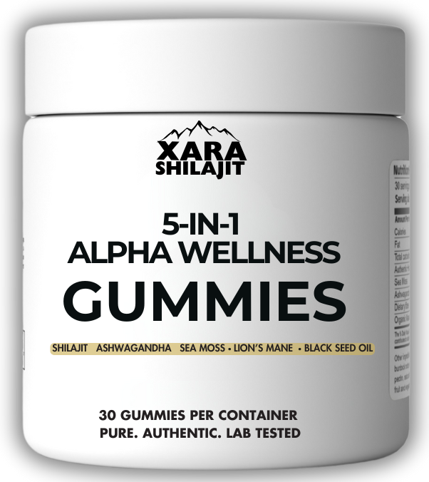 White jar labeled 'Xara Shilajit 5-in-1 Alpha Wellness Gummies' with ingredients listed.