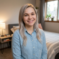 A young woman with blonde hair and a blue shirt smiles in a bedroom.