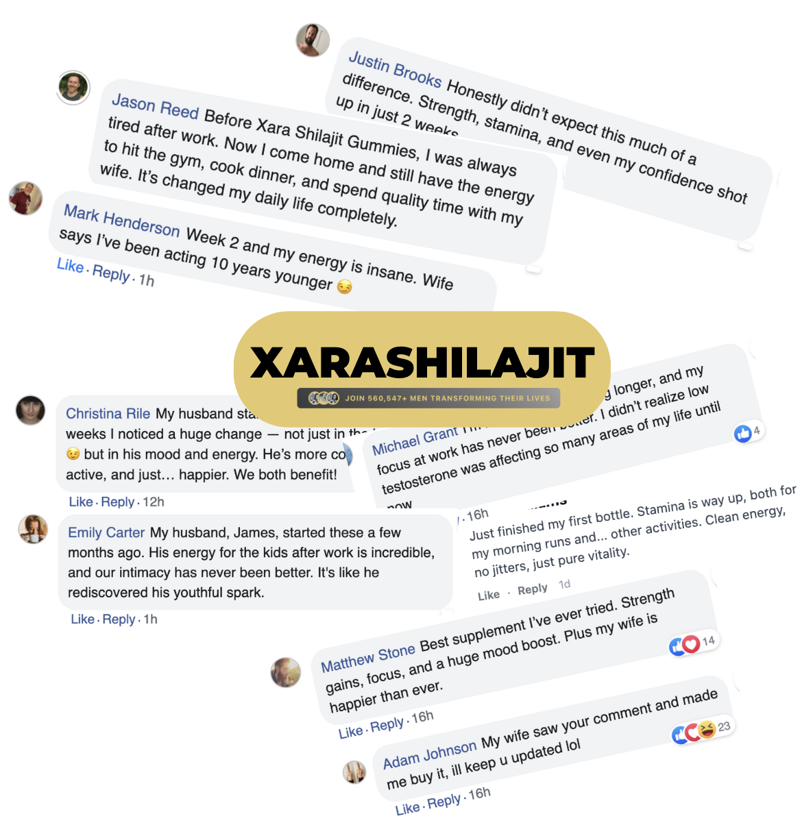 Collage of social media comments praising Xara Shilajit product.