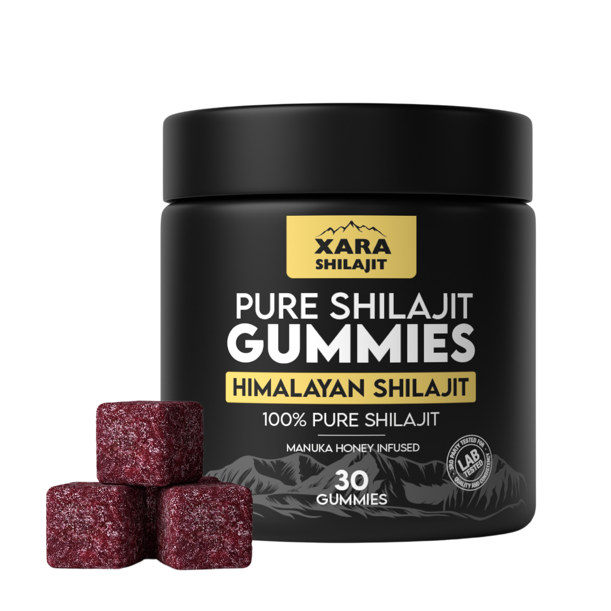Black jar labeled 'Pure Shilajit Gummies' with three red gummies beside it.