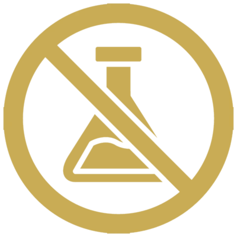 A gold icon of a laboratory flask with a prohibitory symbol over it, indicating chemical-free.