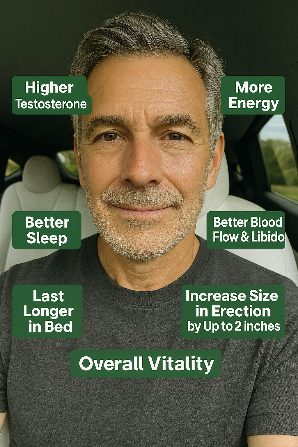 Man in a car with text about health benefits around him.