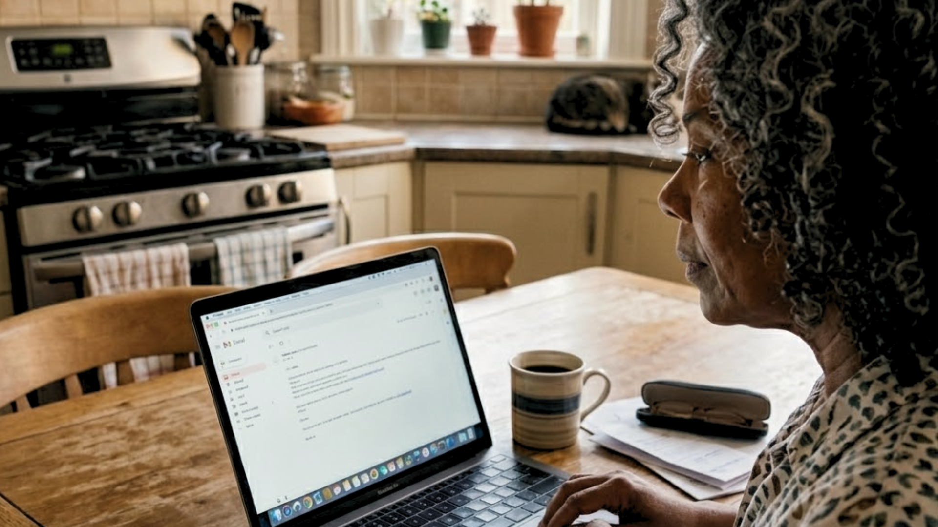 A woman with curly hair sits at a kitchen table looking at a laptop screen.
