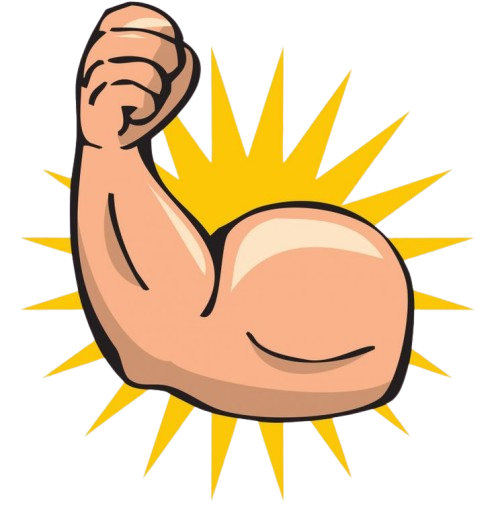 A cartoon drawing of a muscular arm flexing its bicep against a yellow starburst background.