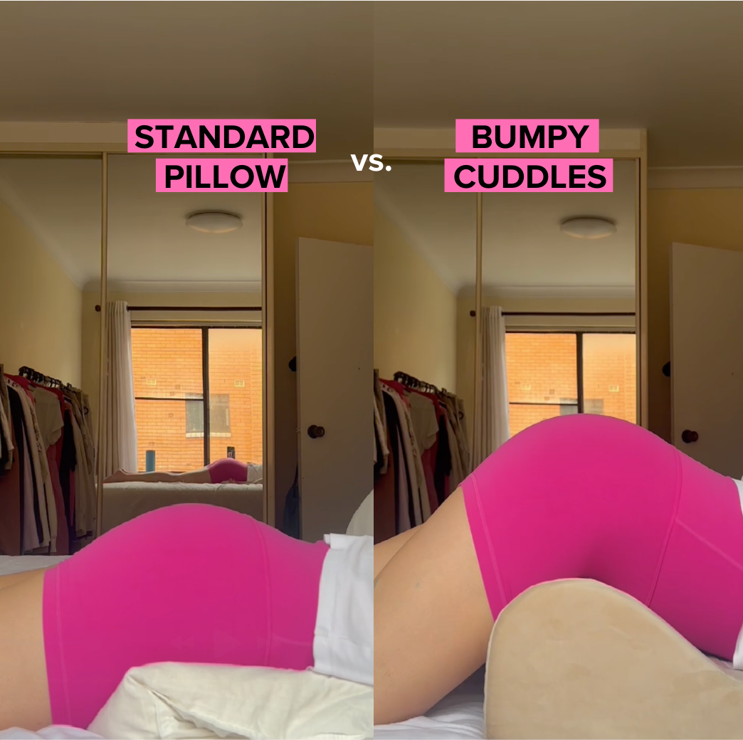 A side-by-side comparison of a person's hips supported by a standard pillow versus a contoured Bumpy Cuddles pillow.