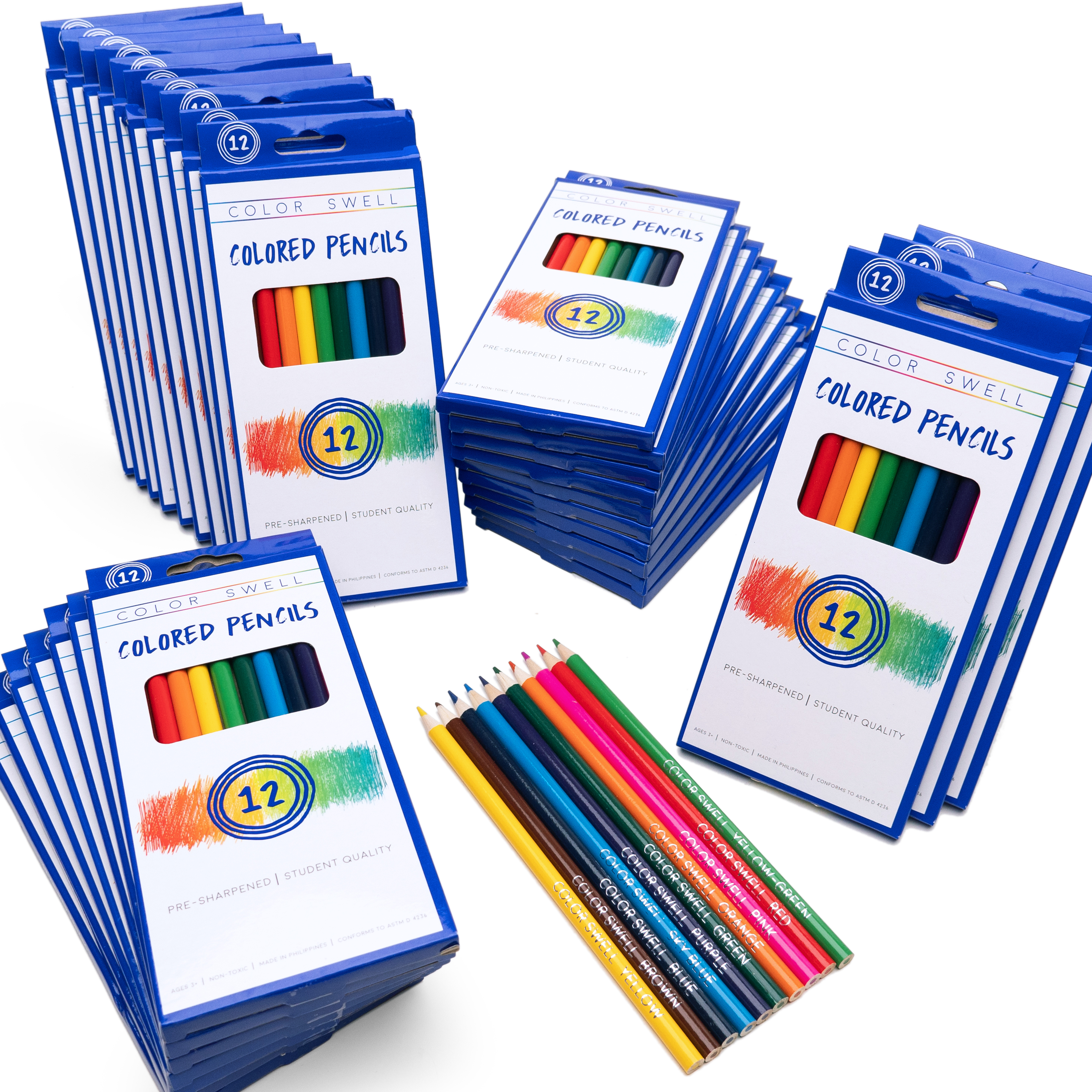 Multiple boxes of colored pencils with visible pencils in various colors.