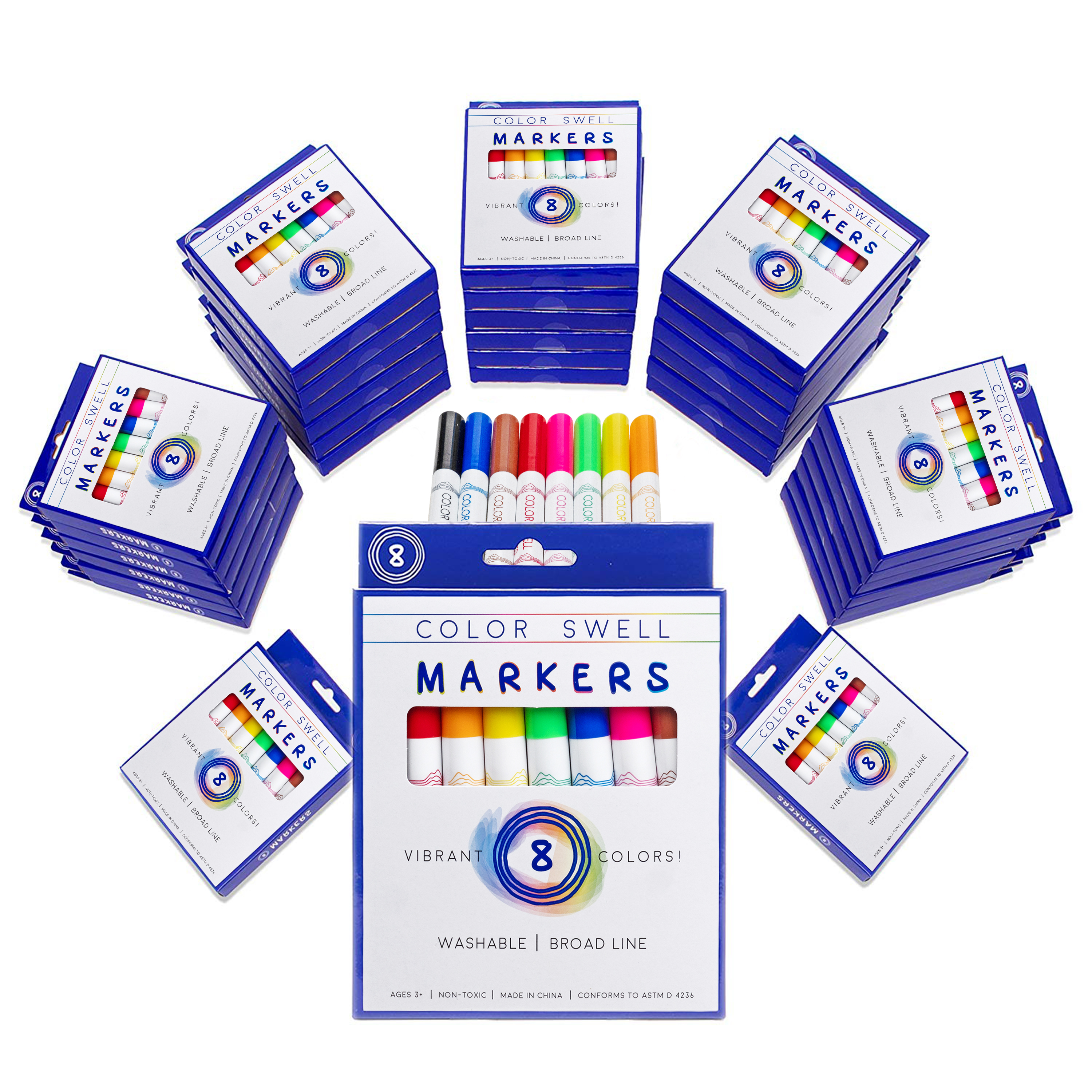 Multiple packs of Color Swell markers arranged in a circular pattern.