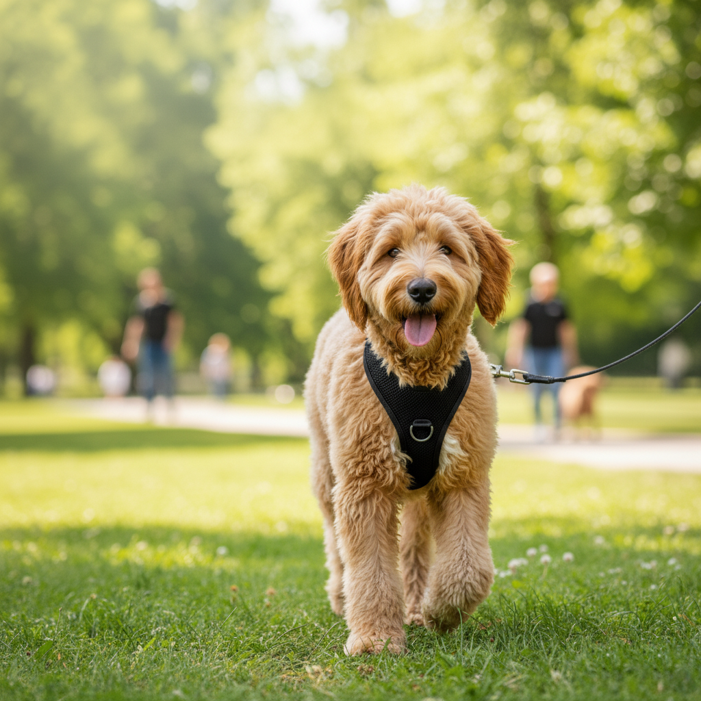 Fluffy dog on a leash walking in a sunny park.