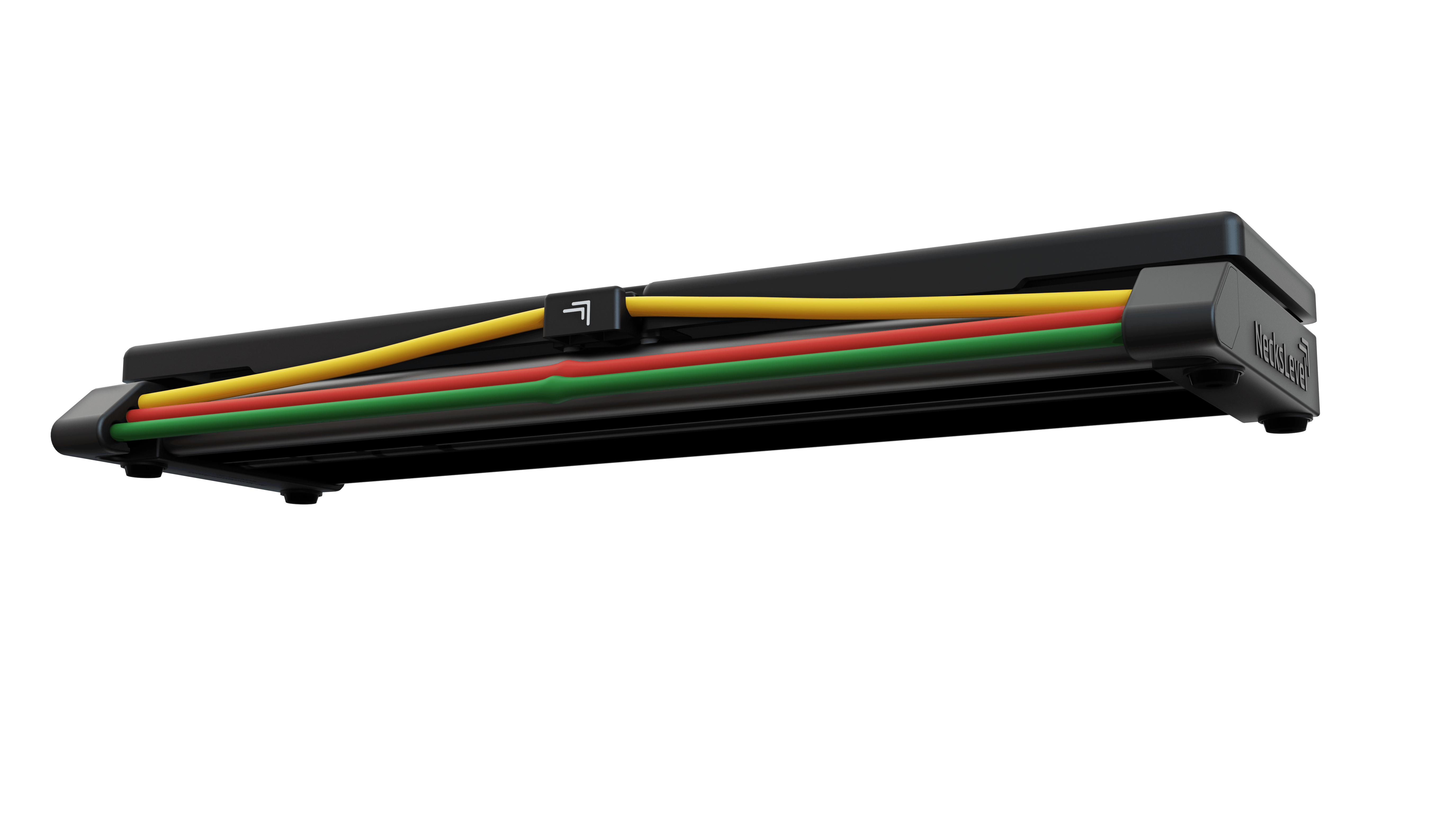 A black exercise device with yellow, red, and green resistance bands against a white background.