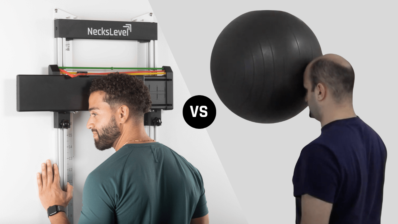 Two men comparing neck exercises with equipment and an exercise ball.