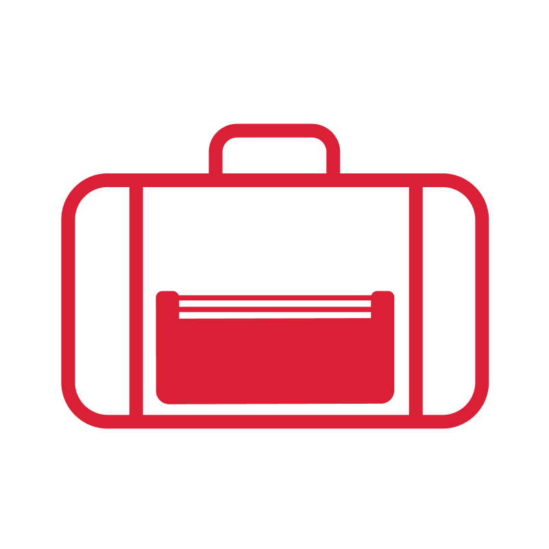Red outline of a suitcase with a front pocket on a white background.