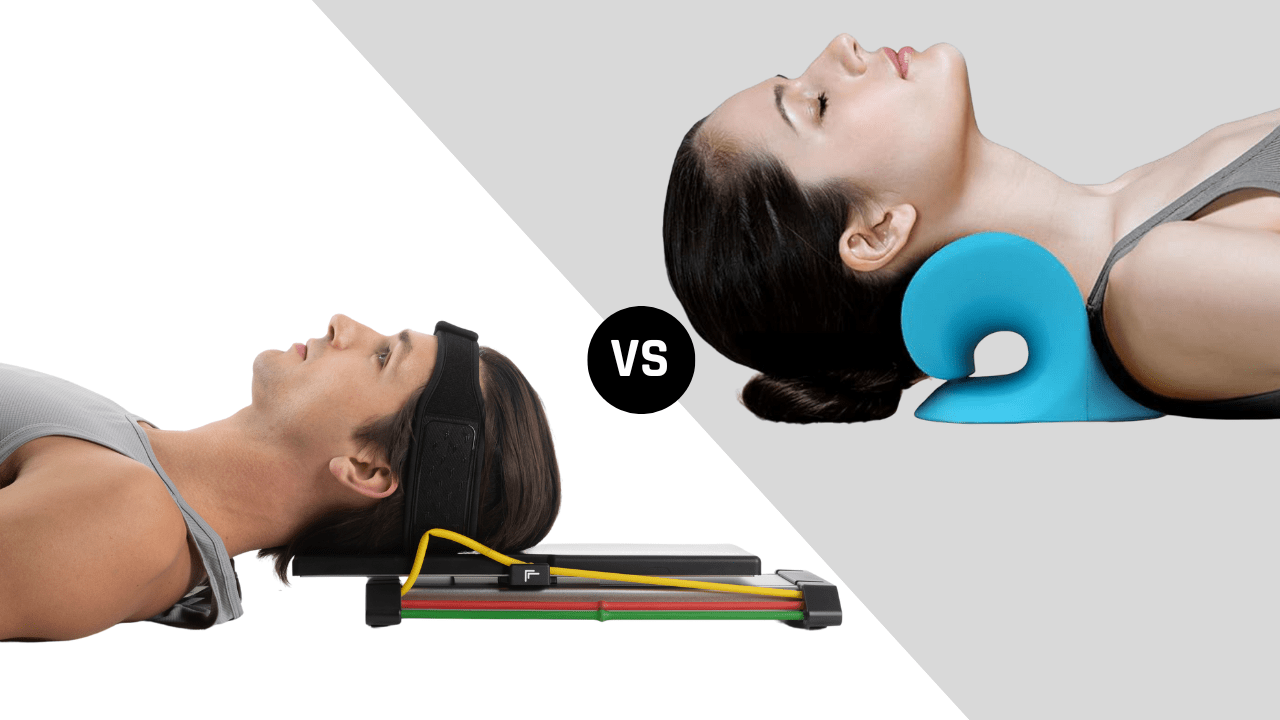 Comparison of two neck support devices with a 'VS' symbol between them.