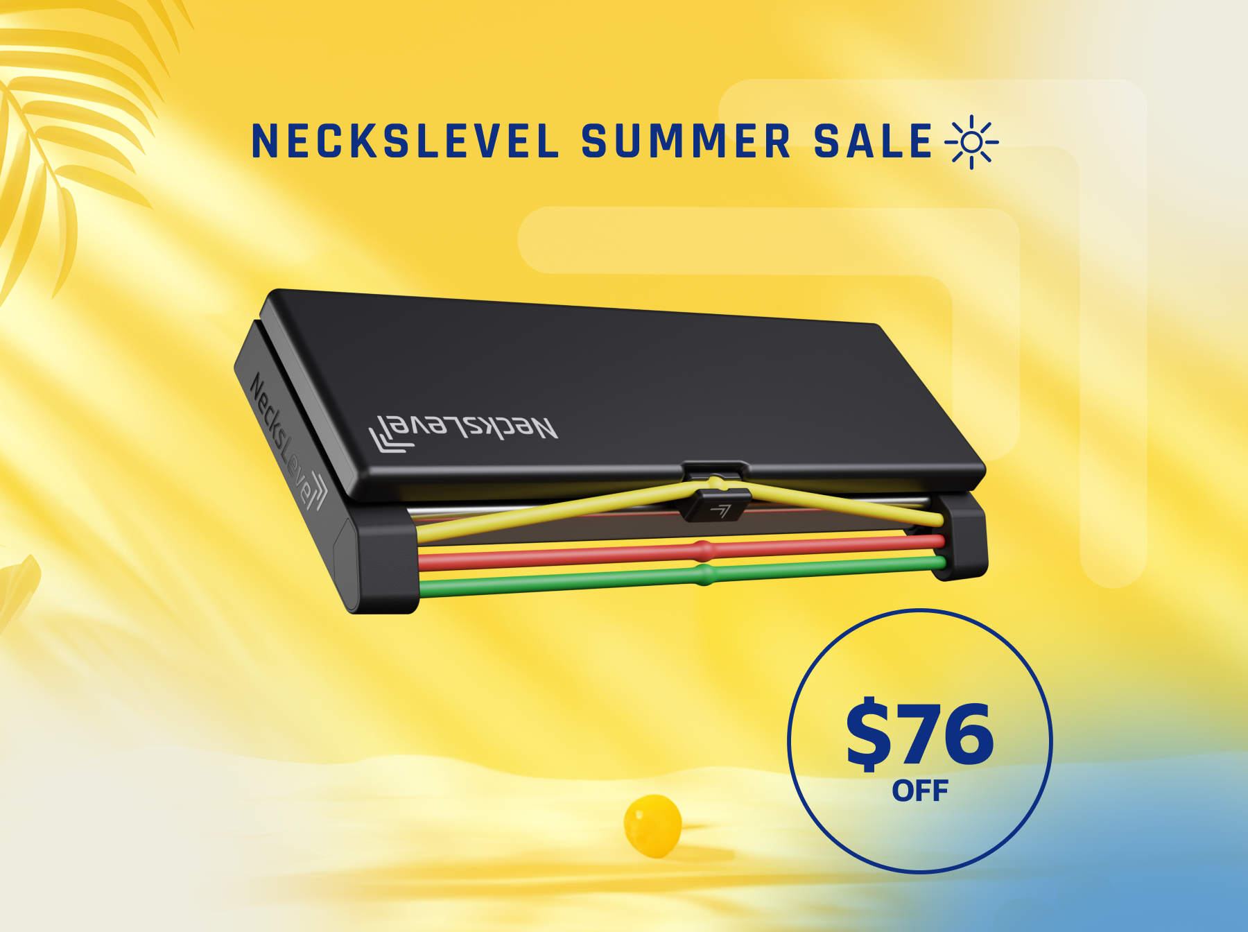 A black NecksLevel exercise device with colored resistance bands on a yellow background promoting a summer sale.