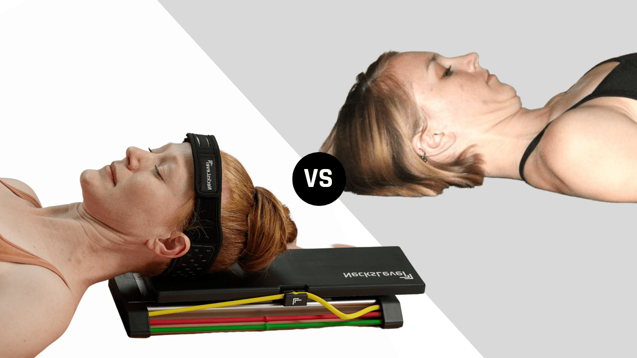 Two women lying flat, one using neck strengthening equipment.