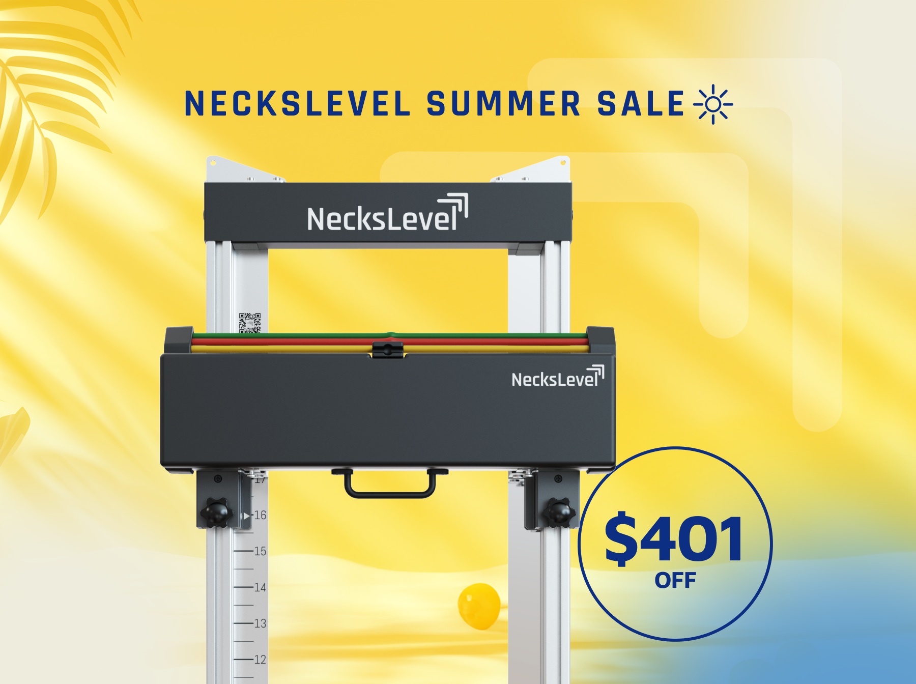 A NecksLevel exercise device on an advertisement for a summer sale offering $401 off.