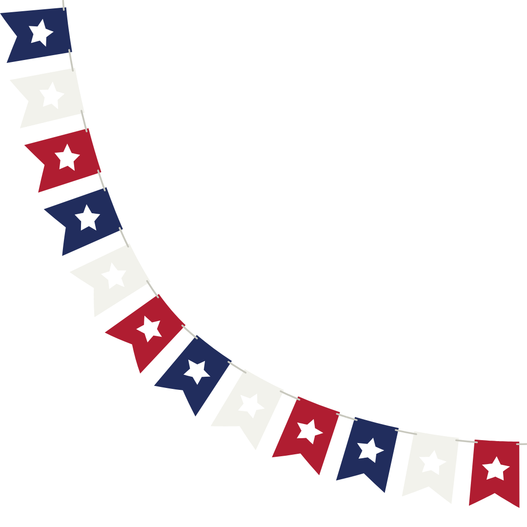 A string of red, white, and blue pennant flags with stars, curving against a black background.