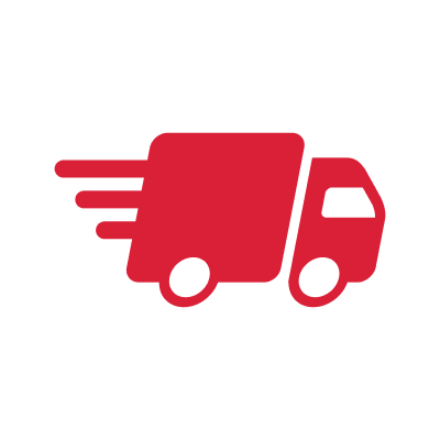 Red delivery truck icon with motion lines.