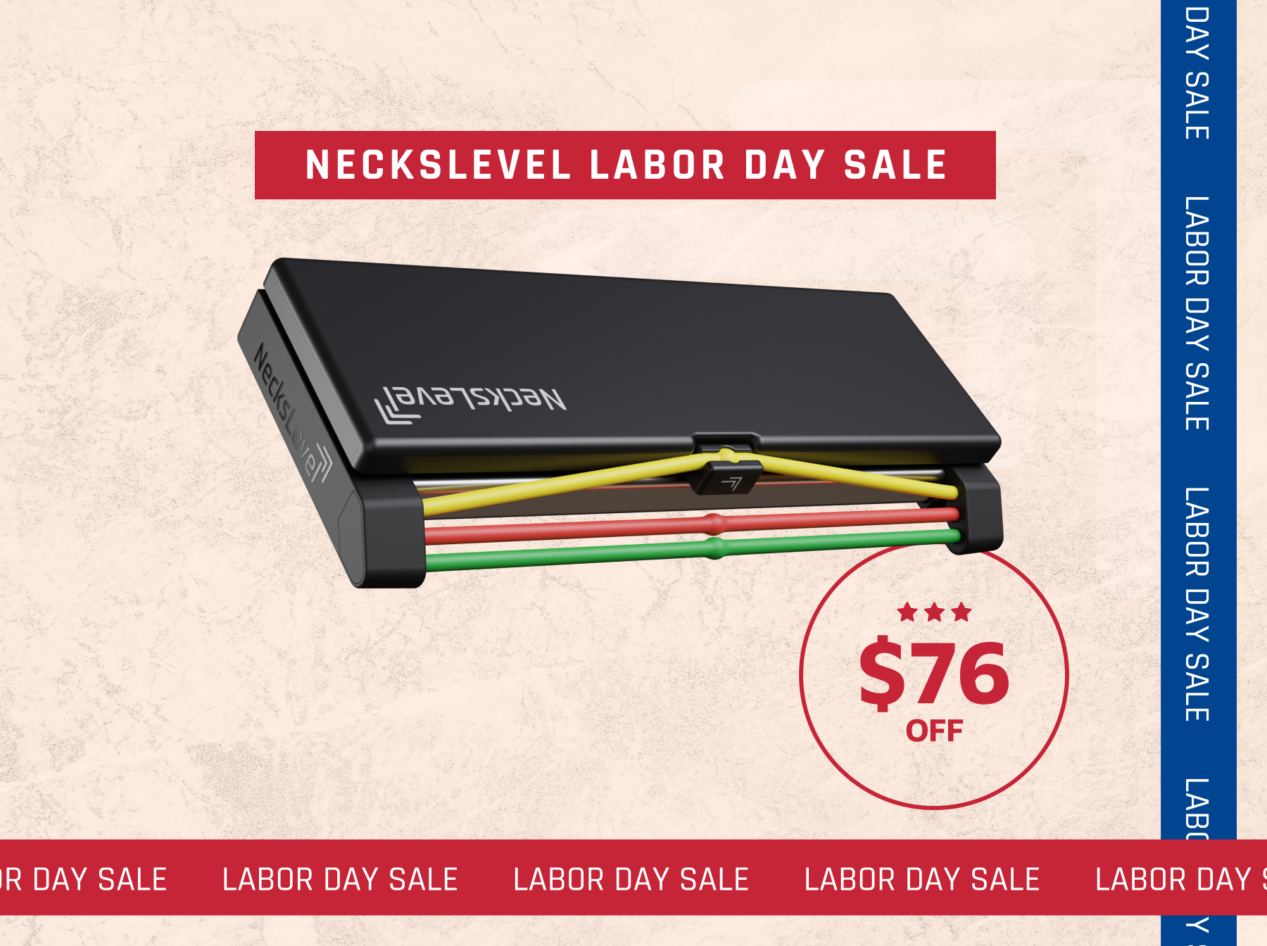 An advertisement for a Neckslevel exercise device showing a Labor Day Sale of $76 off.