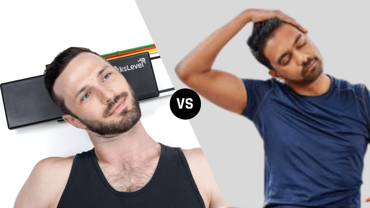 Two men demonstrating different stretching exercises for the neck.