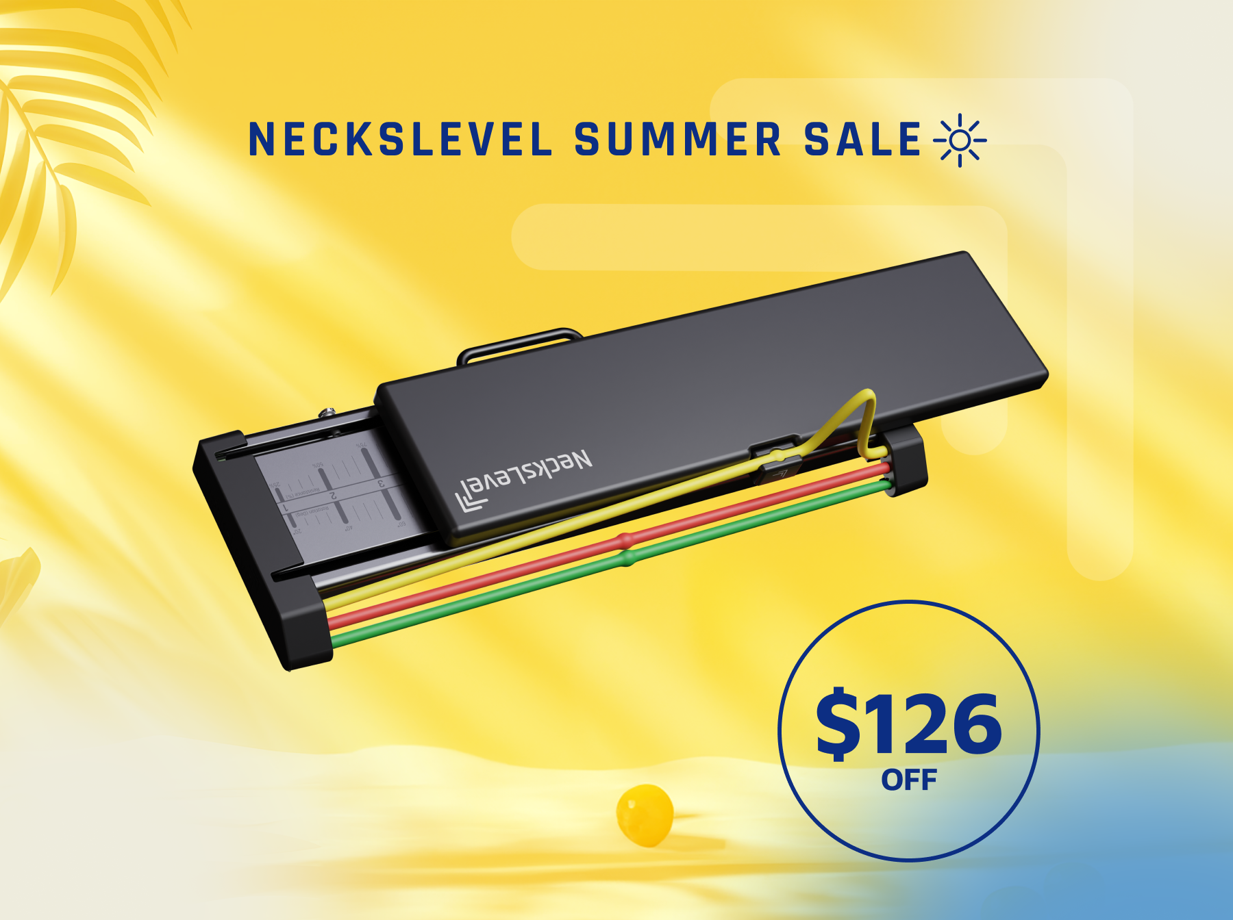 A Neckslevel exercise device on a yellow background, advertising a summer sale with '$126 OFF'.