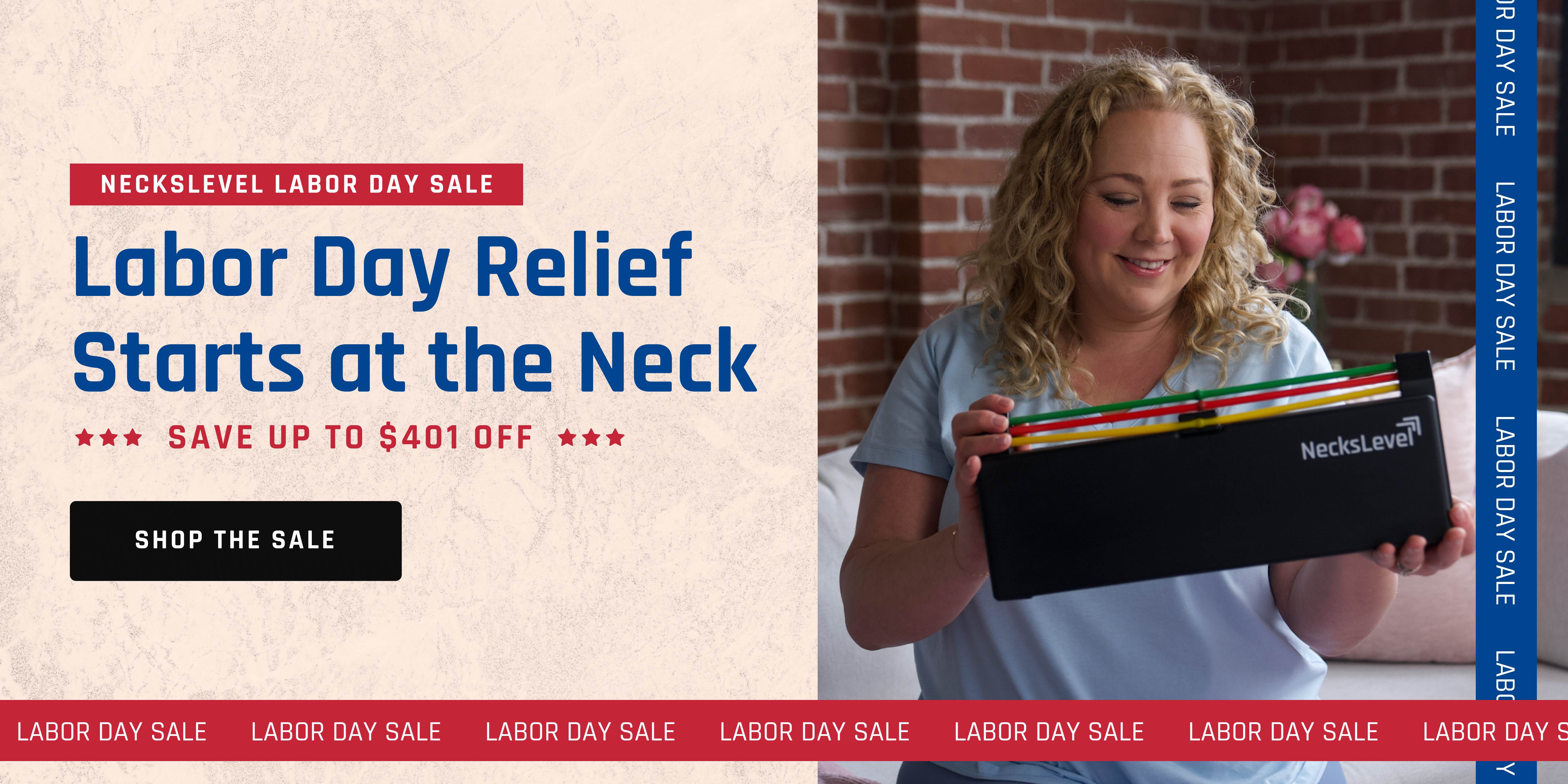 A smiling woman holds a NecksLevel neck relief device in a Labor Day Sale advertisement.