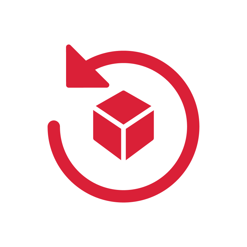 Red 3D cube with an arrow circling around it on black background.
