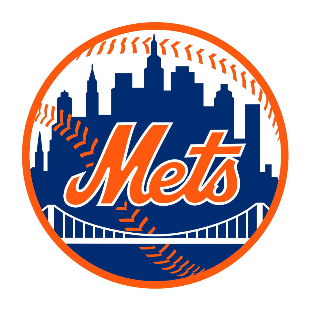 New York Mets logo featuring a baseball, skyline, and bridge elements.