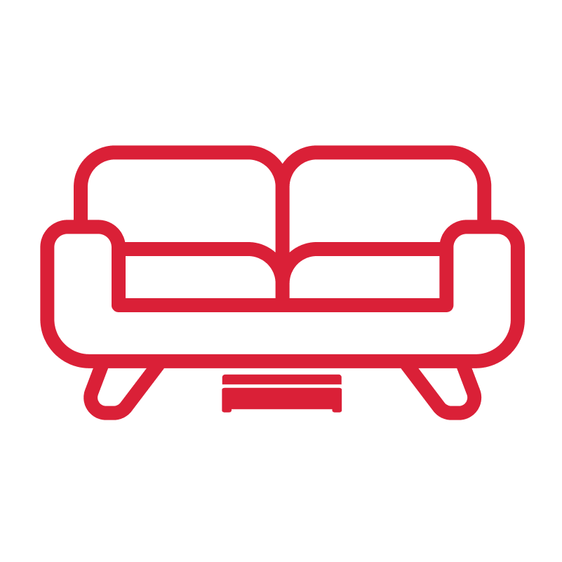 Red outline of a sofa on a white background.