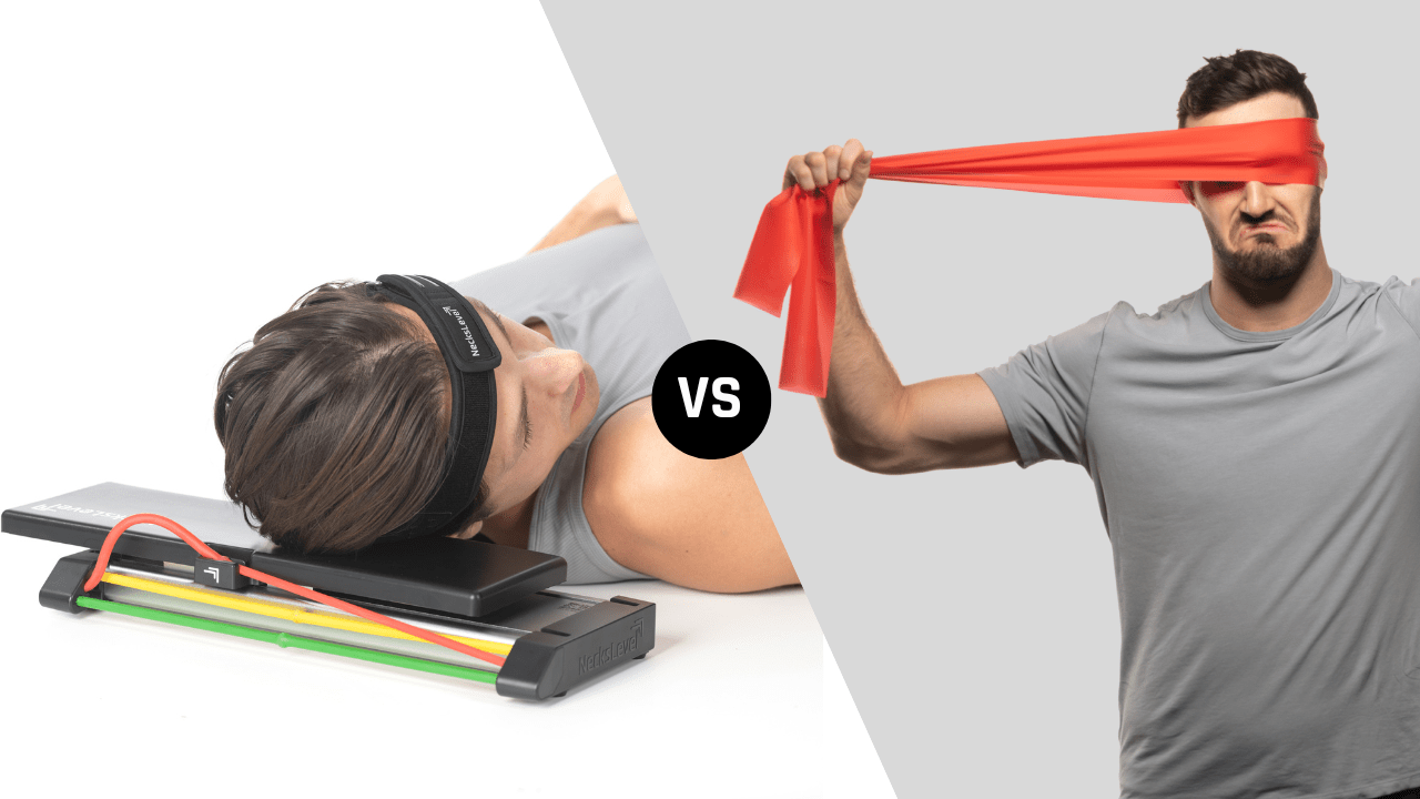 Two men demonstrating neck exercise devices, one with a headband and one with resistance bands.