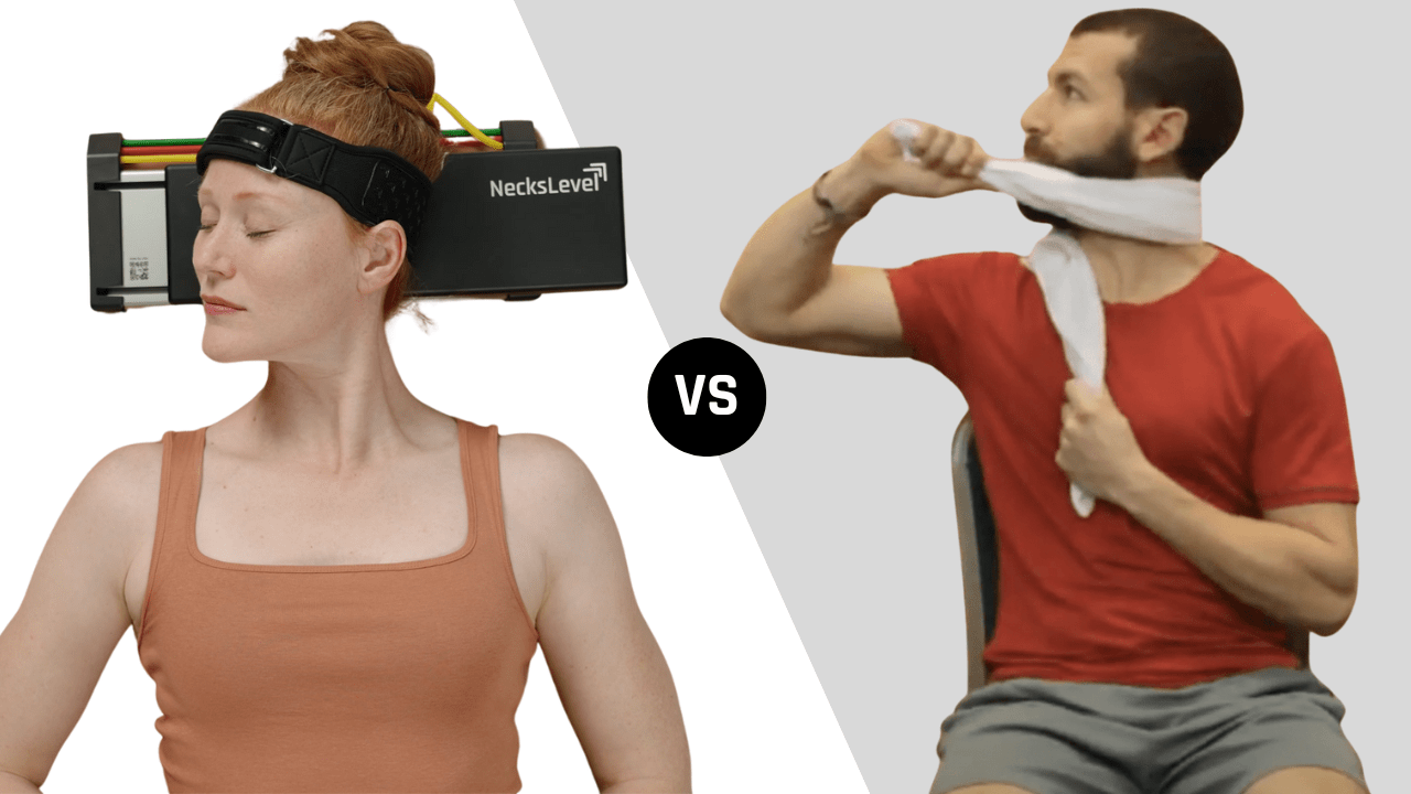 Two individuals demonstrating different neck exercise methods with a 'VS' between them.