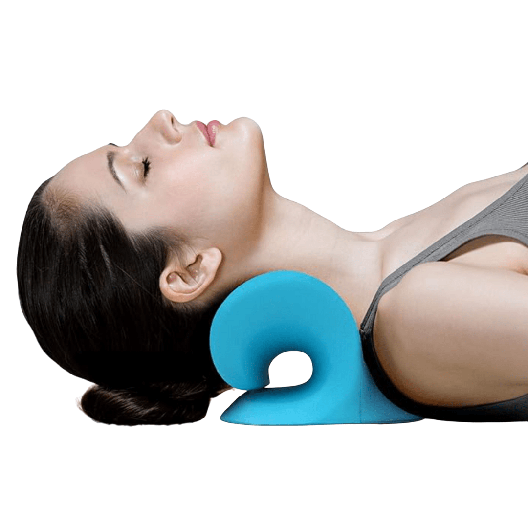 Woman using a blue ergonomic neck support cushion.