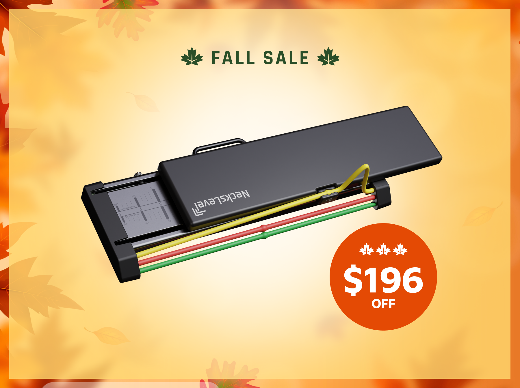 A black NecksLevel neck exercise device with resistance bands, shown on a fall sale advertisement.