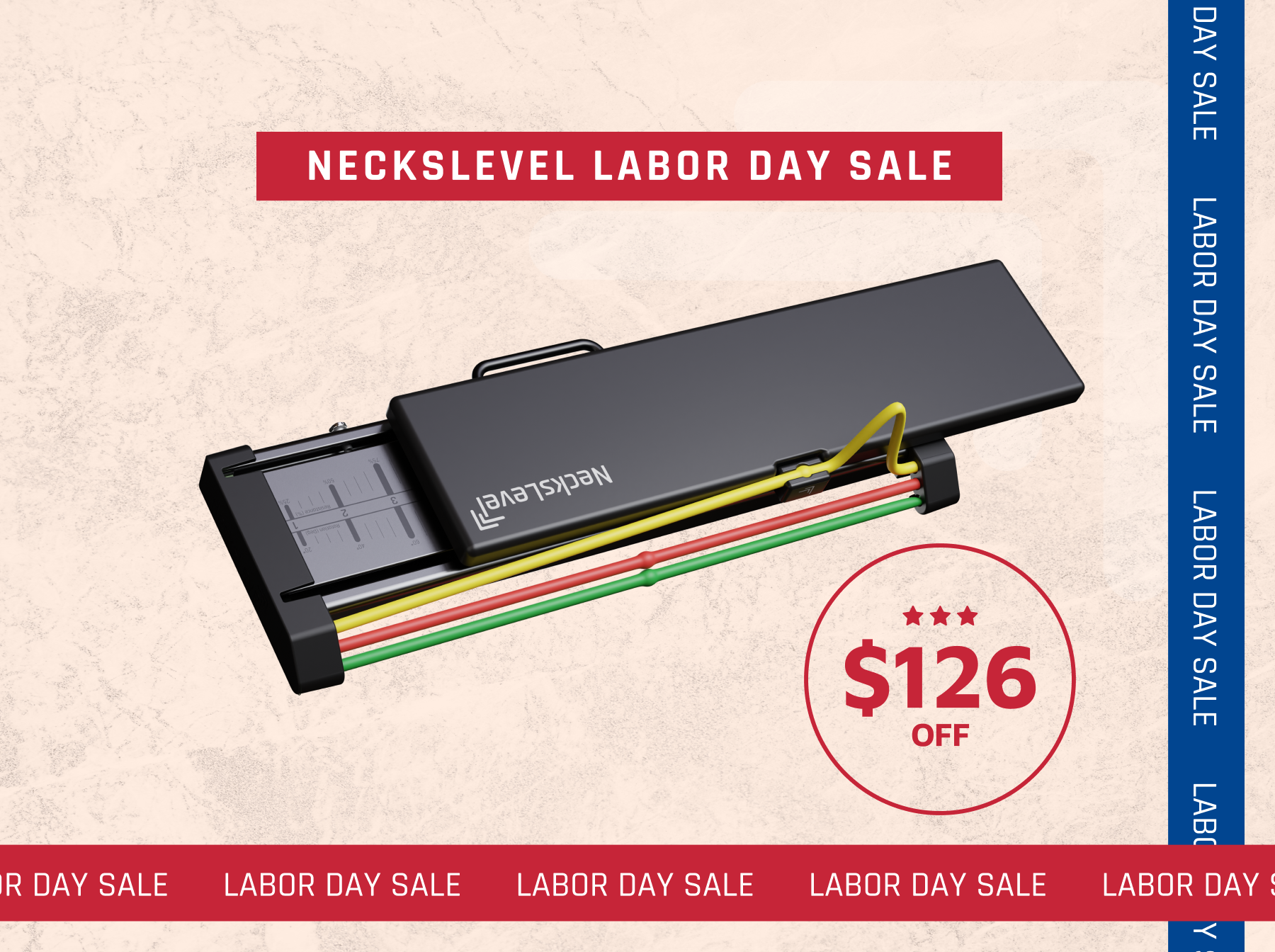 An advertisement for a Neckslevel exercise device, showing a Labor Day Sale for $126 off.