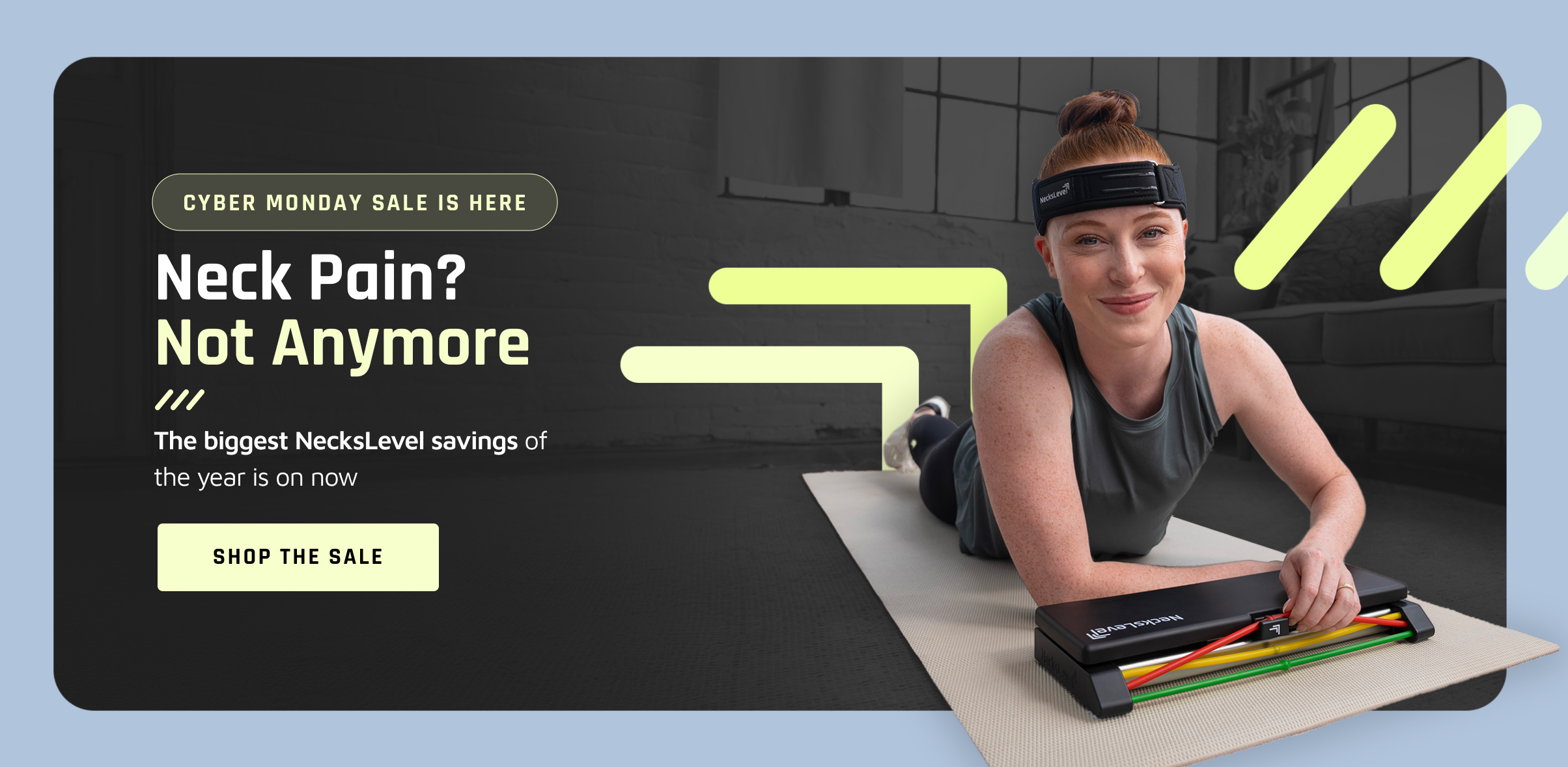 Woman exercising with neck resistance device on mat, Cyber Monday sale banner.