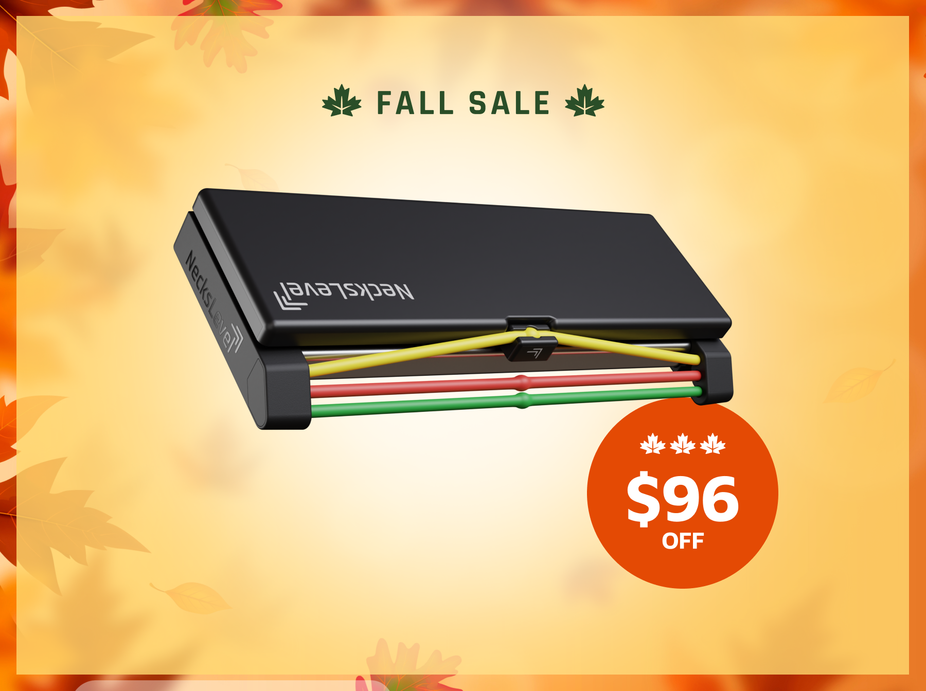 A Neckslevel exercise device with resistance bands on a fall sale advertisement for $96 off.