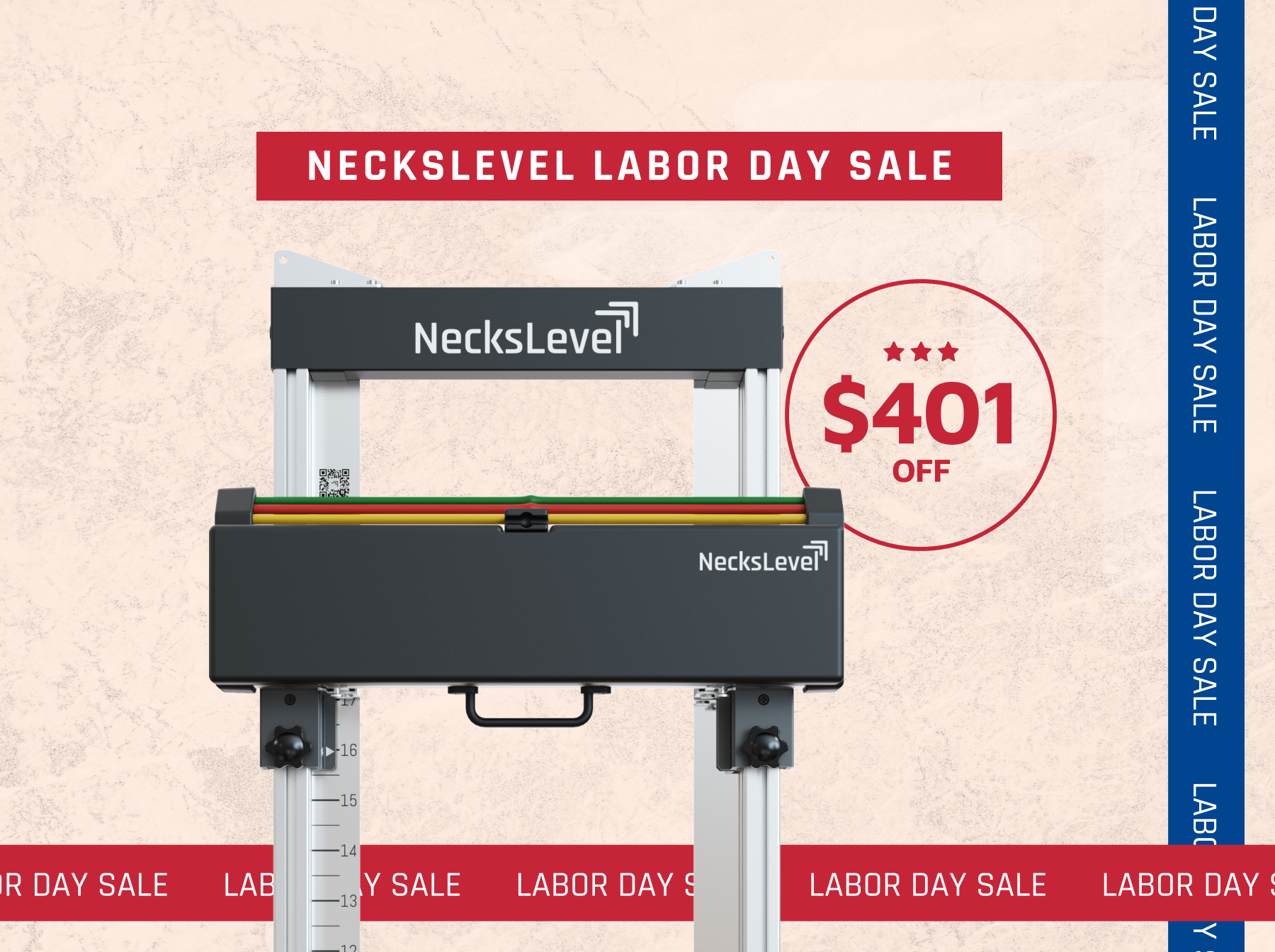 A promotional image for the NecksLevel Labor Day Sale, featuring the product and a $401 off discount.