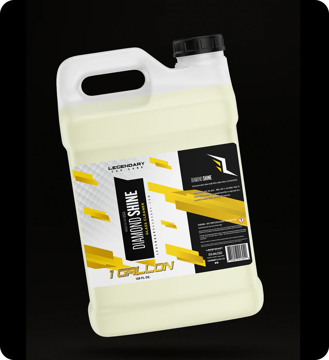A one-gallon jug of Legendary Car Care Diamond Shine Glass Cleaner on a black background.