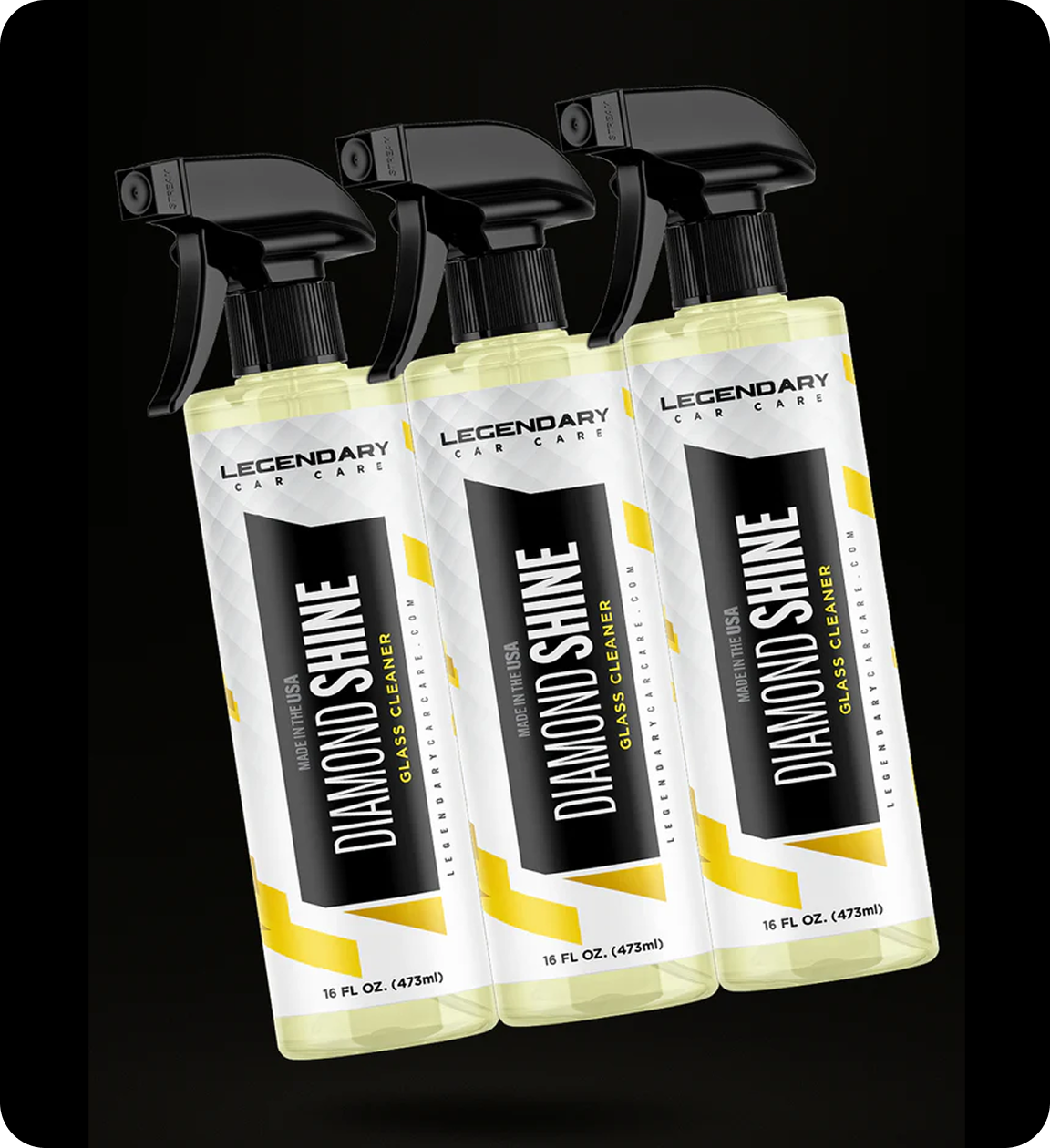Three spray bottles of Legendary Car Care Diamond Shine Glass Cleaner against a black background.